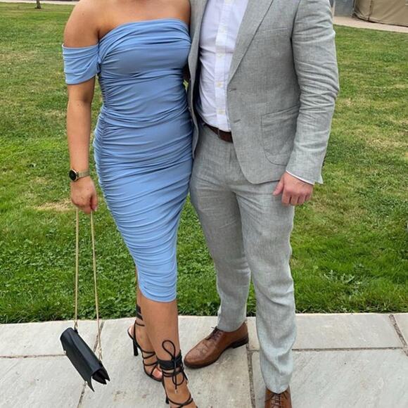 Club L Lost For Love Bardot Baby Blue Draped Midi Dress Off The Shoulder 12 - Picture 2 of 4